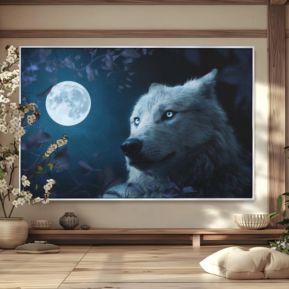 Tablou canvas cu tablou canvas cu lup si luna plina, in rama de aluminiu argintiu